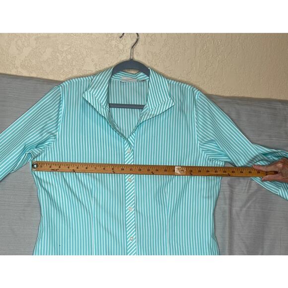 Chicos size 2 shirt button up blue/white 3/4 sleeve no-iron 100% cotton - Picture 3 of 5